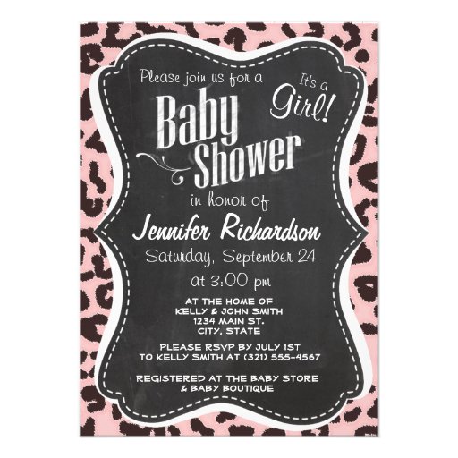 Baby Pink Leopard Animal Print; Chalkboard Custom Announcement