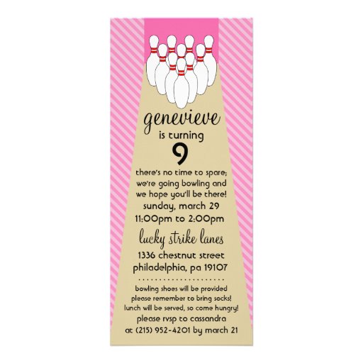 Baby Pink Lucky Strike Bowling Birthday Party Personalized Invite (front side)