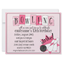 Baby Pink Totally Retro Bowling Birthday Party Invites