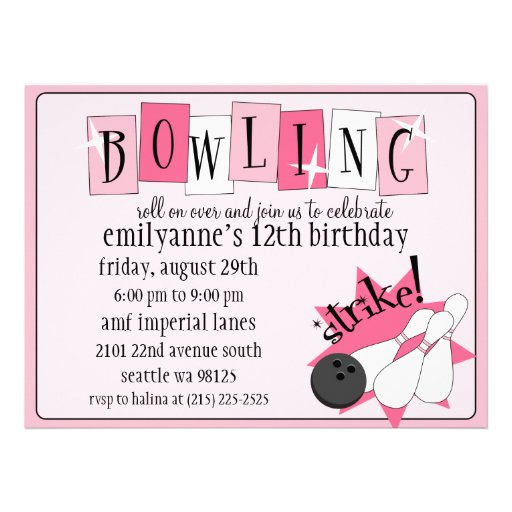 Baby Pink Totally Retro Bowling Birthday Party Invites