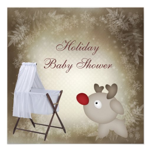 Baby Rudolph & Crib Neutral Holiday Baby Shower Personalized Invites