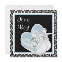 Baby Shoes Black Blue Damask Baby Boy Shower Invite