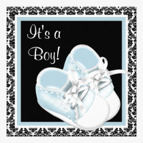 Baby Shoes Black Blue Damask Baby Boy Shower invitations