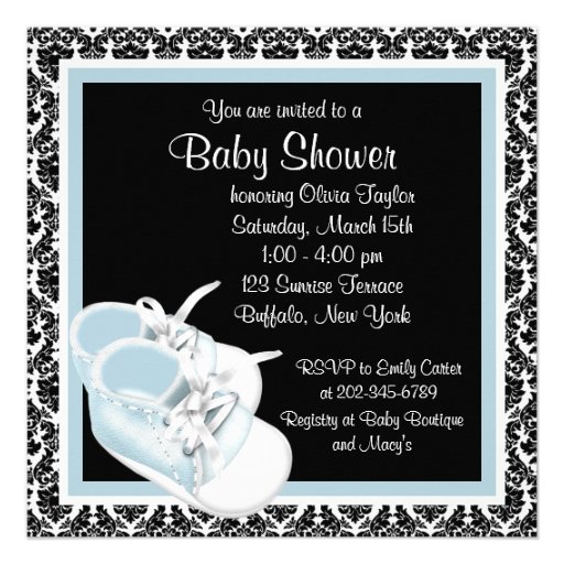 Baby Shoes Black Blue Damask Baby Boy Shower Invite