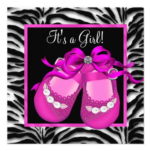 Baby Shoes Hot Pink Zebra Baby Girl Shower Personalized Announcements