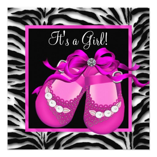 Baby Shoes Hot Pink Zebra Baby Girl Shower Personalized Invite