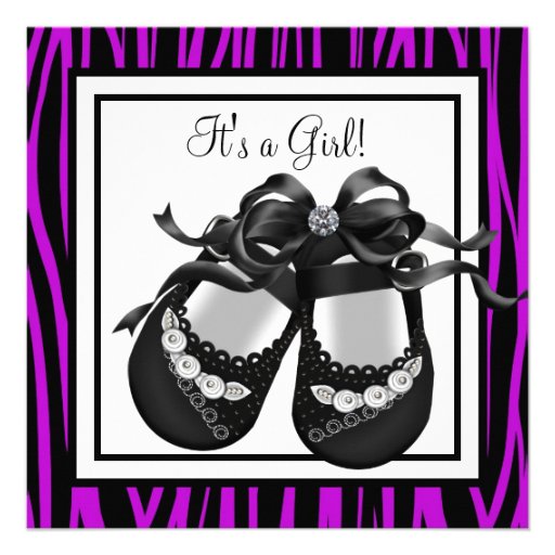 Baby Shoes Purple Zebra Baby Girl Shower Personalized Announcements