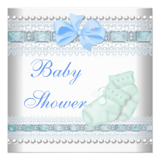 Baby Shower Baby Blue Booties Pearl Lace Custom Invites