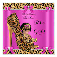 Baby Shower Baby Cute Girl Leopard Hot Pink Shoe A 5.25" Square Invitation Card