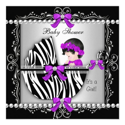Baby Shower Baby Cute Girl Zebra Pram Silver Custom Invitation