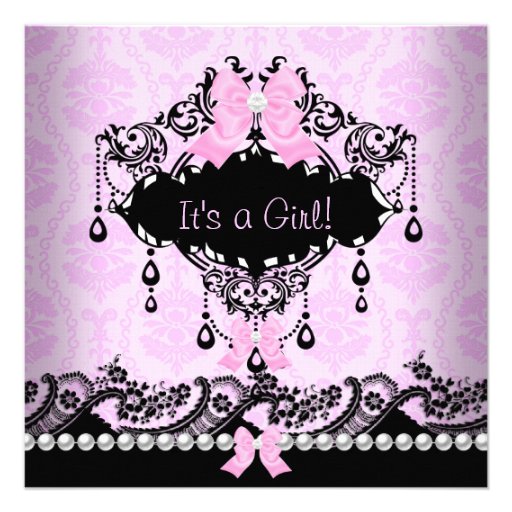 Baby Shower Baby Girl Pink Black Damask Bow Personalized Announcements