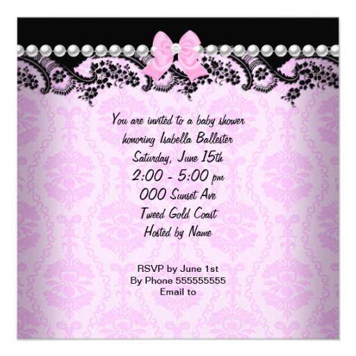 Baby Shower Baby Girl Pink Black Damask Bow Personalized Announcements