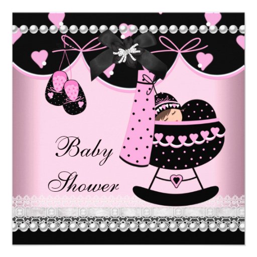 Baby Shower Baby Girl Pink Black Pearl Lace Custom Invite