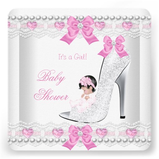 Baby Shower Baby Girl Pink White Lace Heart Shoe Invites