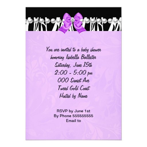 Baby Shower Baby Girl Purple Pink Zebra Bow Personalized Invites