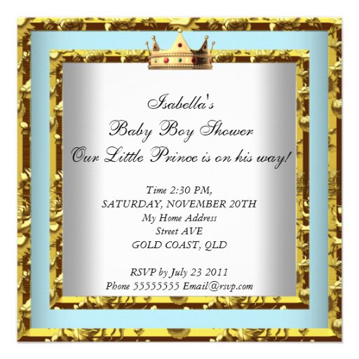 Baby Shower Blue Gold Boy crown prince 2 Custom Invites