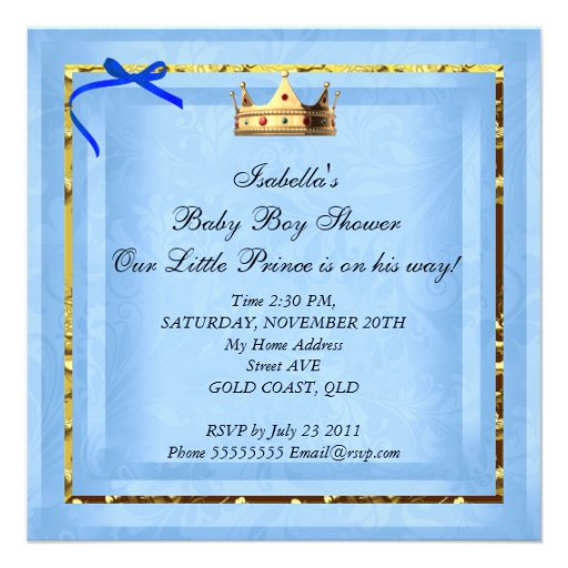 Baby Shower Blue Gold Boy Prince Custom Announcements