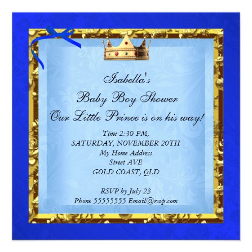 Baby Shower Blue Gold Boy Prince Custom Invitations