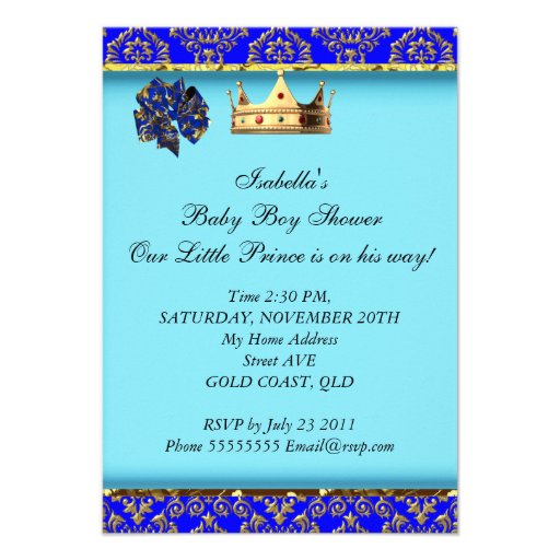 Baby Shower Blue Gold Boy Prince Custom Invitations