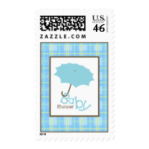 Baby Shower  - Blue Umbrella & Plaid Postage Stamps