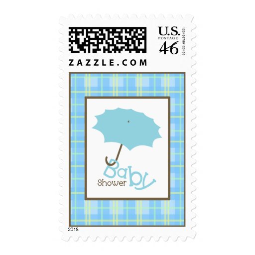 Baby Shower  - Blue Umbrella & Plaid Postage Stamps