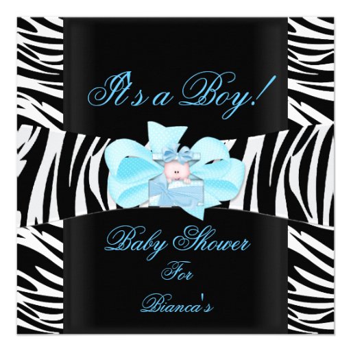 Baby Shower Boy Baby Blue Black White Zebra Print Custom Announcement