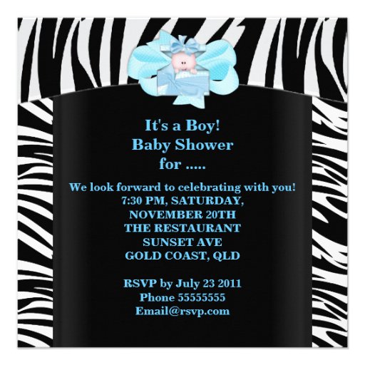 Baby Shower Boy Baby Blue Black White Zebra Print Custom Announcement