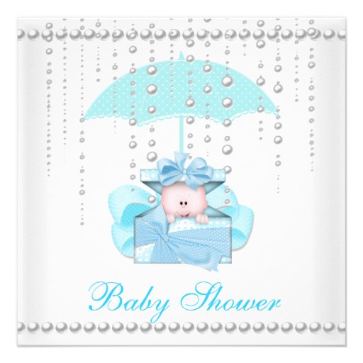 Baby Shower Boy Baby Blue Umbrella Pearl White Custom Invitations Zazzle