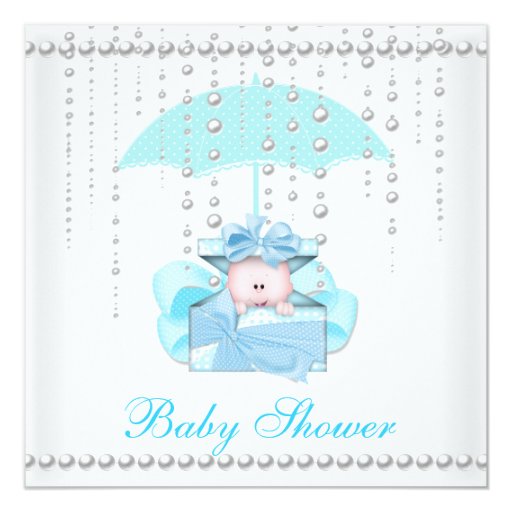 Baby Shower Boy Baby Blue Umbrella Pearl White Invitation Zazzle