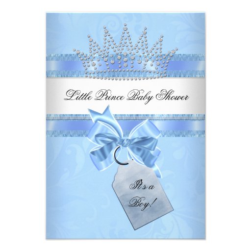Baby Shower Boy Blue Little Prince Crown Damask Announcement