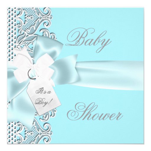 Baby Shower Boy Blue Teal Gray White Lace Invitations