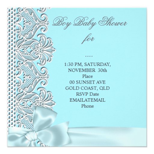 Baby Shower Boy Blue Teal Gray White Lace Invitations