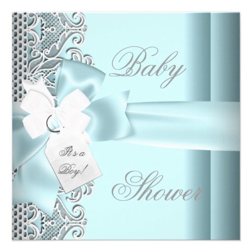 Baby Shower Boy Blue Teal Gray White Lace Announcement