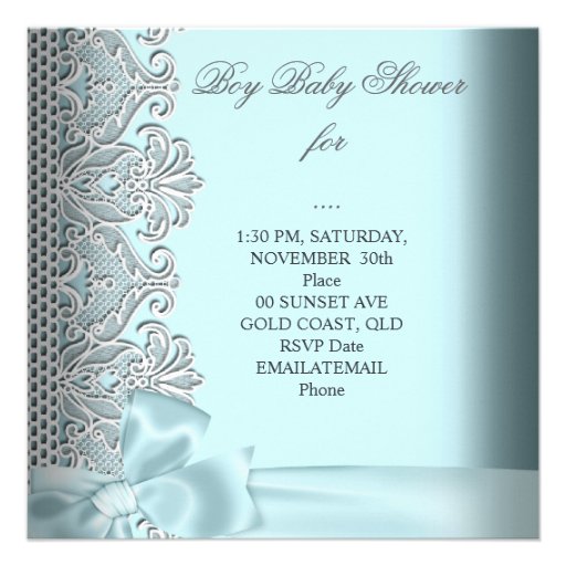 Baby Shower Boy Blue Teal Gray White Lace Announcement