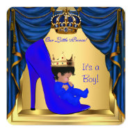 Baby Shower Boy Prince Royal Blue Shoe Gold 5.25" Square Invitation Card