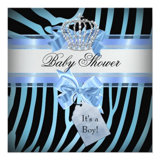 Baby Shower Boy Zebra Blue Prince Crown Black Personalized Invite