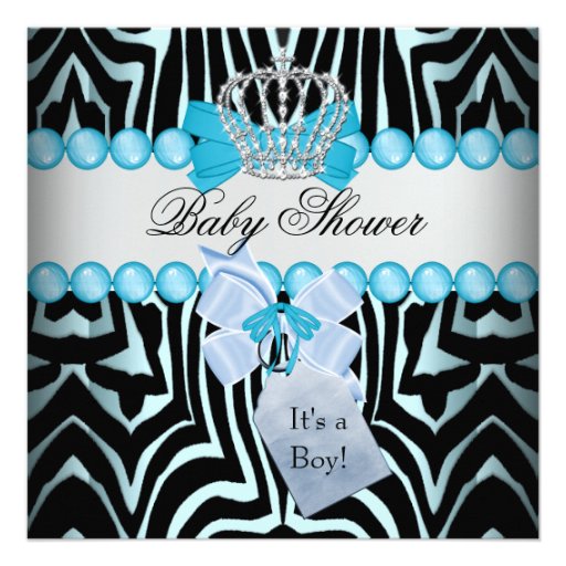 Baby Shower Boy Zebra Blue Prince Crown Black Personalized Invites