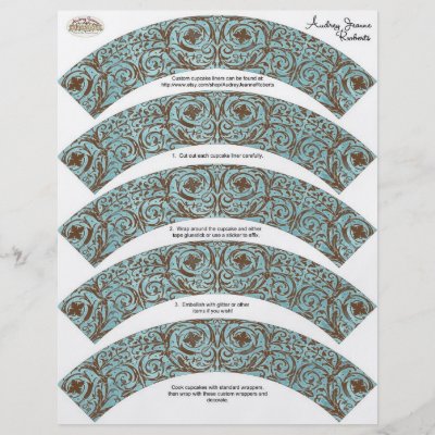 Baby Shower Cupcake Wrappers Blue Brown Damask Full Color Flyer by