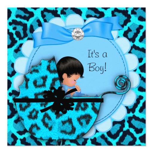 Baby Shower Cute Baby Boy Blue Leopard Pram Invitations