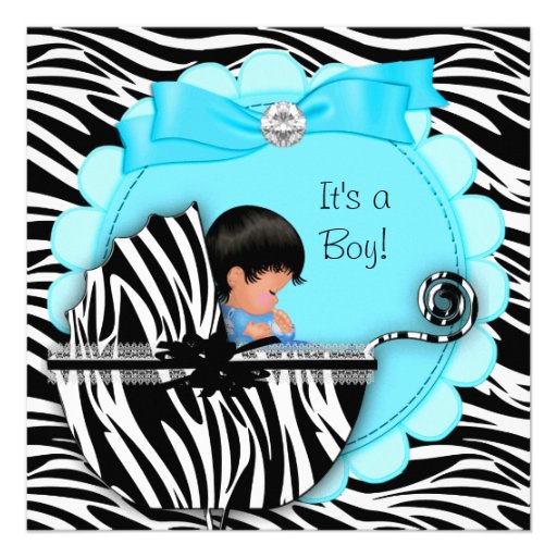 Baby Shower Cute Baby Boy Blue Zebra Pram Announcements
