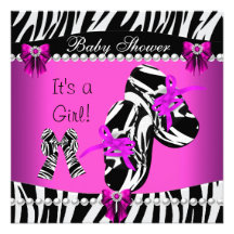 Baby Shower Cute Baby Girl Hot Pink Zebra Shoes Custom Invitation