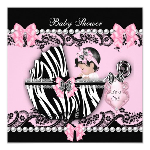 Baby Shower Cute Baby Girl Pink Zebra Lace 2 Personalized Announcement Cards (front side)