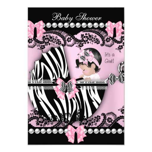 Baby Shower Cute Baby Girl Pink Zebra Lace Personalized Announcements (front side)
