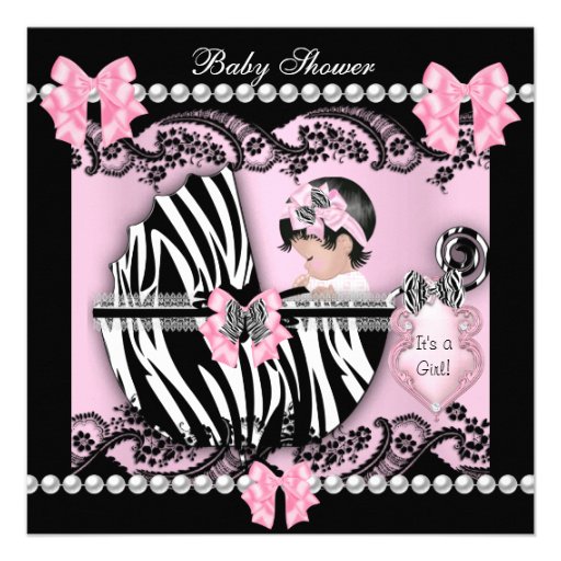 Baby Shower Cute Baby Girl Pink Zebra Lace Invites (front side)