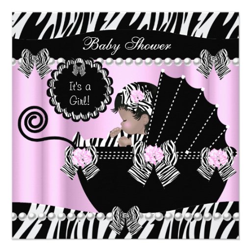 Baby Shower Cute Baby Girl Pink Zebra Pram Personalized Invite