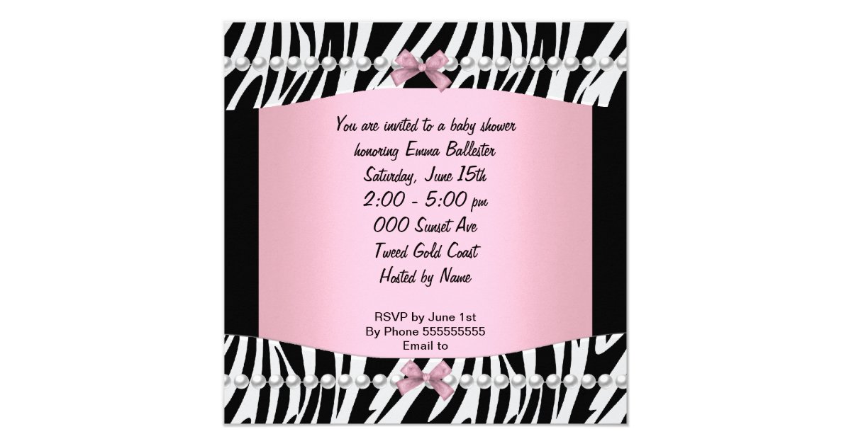 Baby Shower Cute Baby Girl Pink Zebra Print Invitation Zazzle