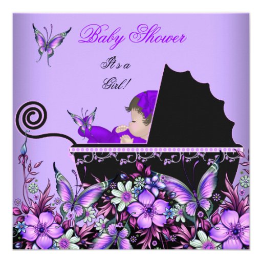 Baby Shower Cute Baby Girl Purple Butterfly 2 Custom Invites