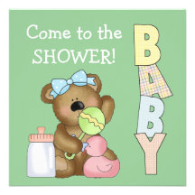 Baby Shower+Cute Bear with Rattle and Baby Bottle. Custom Invitation