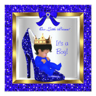 Baby Shower Cute Boy Prince Royal Blue Shoe 3 5.25" Square Invitation Card