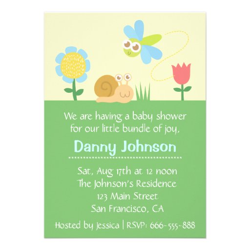 Baby Shower: Cute Dragonfly & Snail in a garden Personalized Announcements